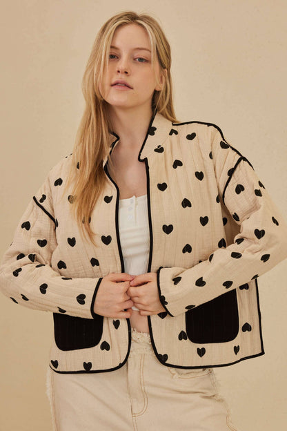 Heart Patterned Open Front Quilted Jacket