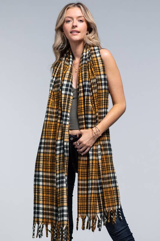 Vintage Soft Plaid Fringe Accent Scarf