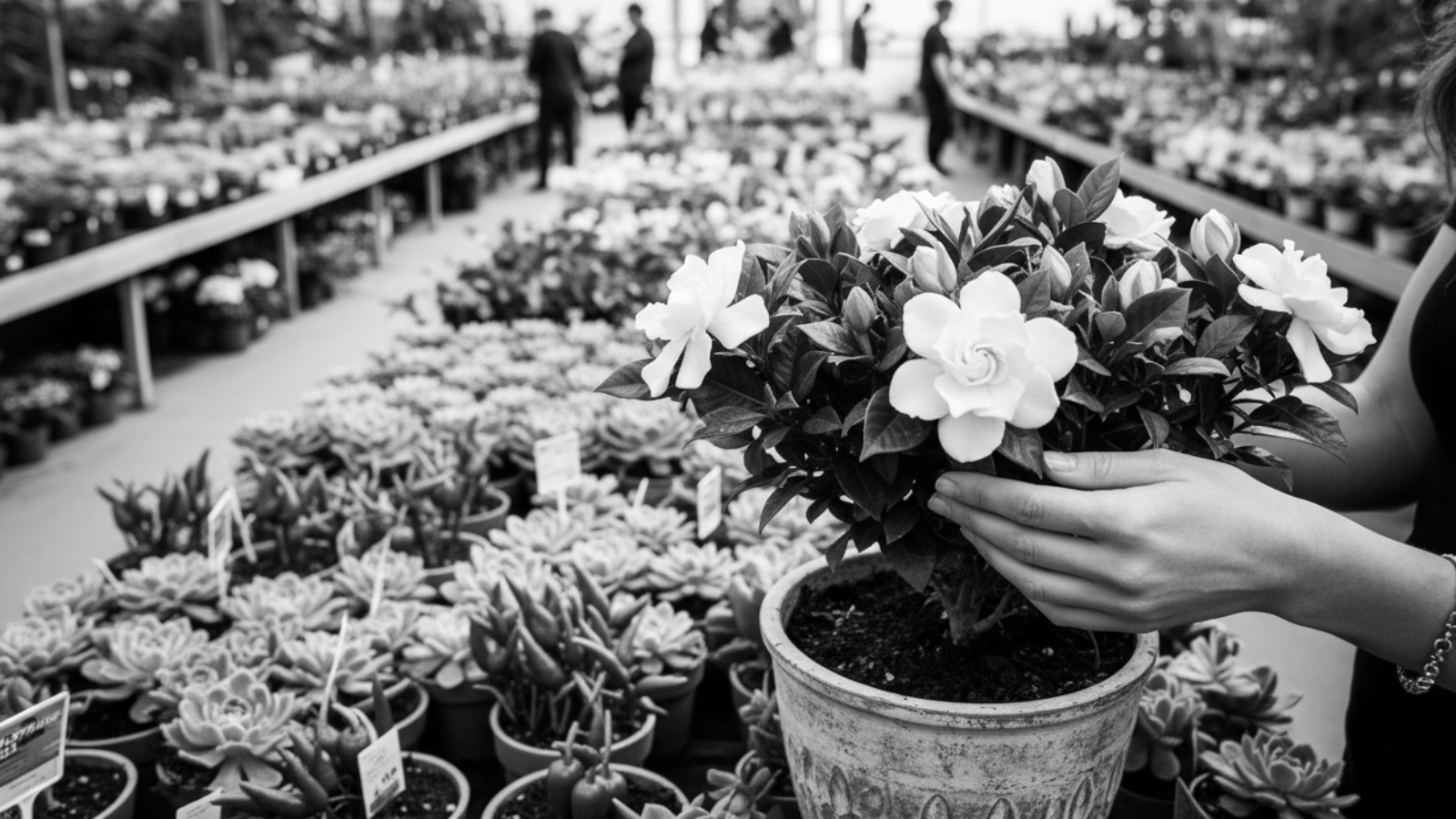 Person holding a potted plant with white flowers in a greenhouse setting