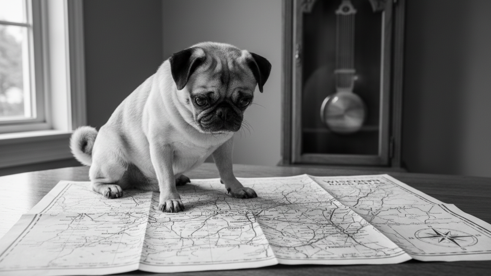 Pug dog sitting on a map with a vintage clock in the background