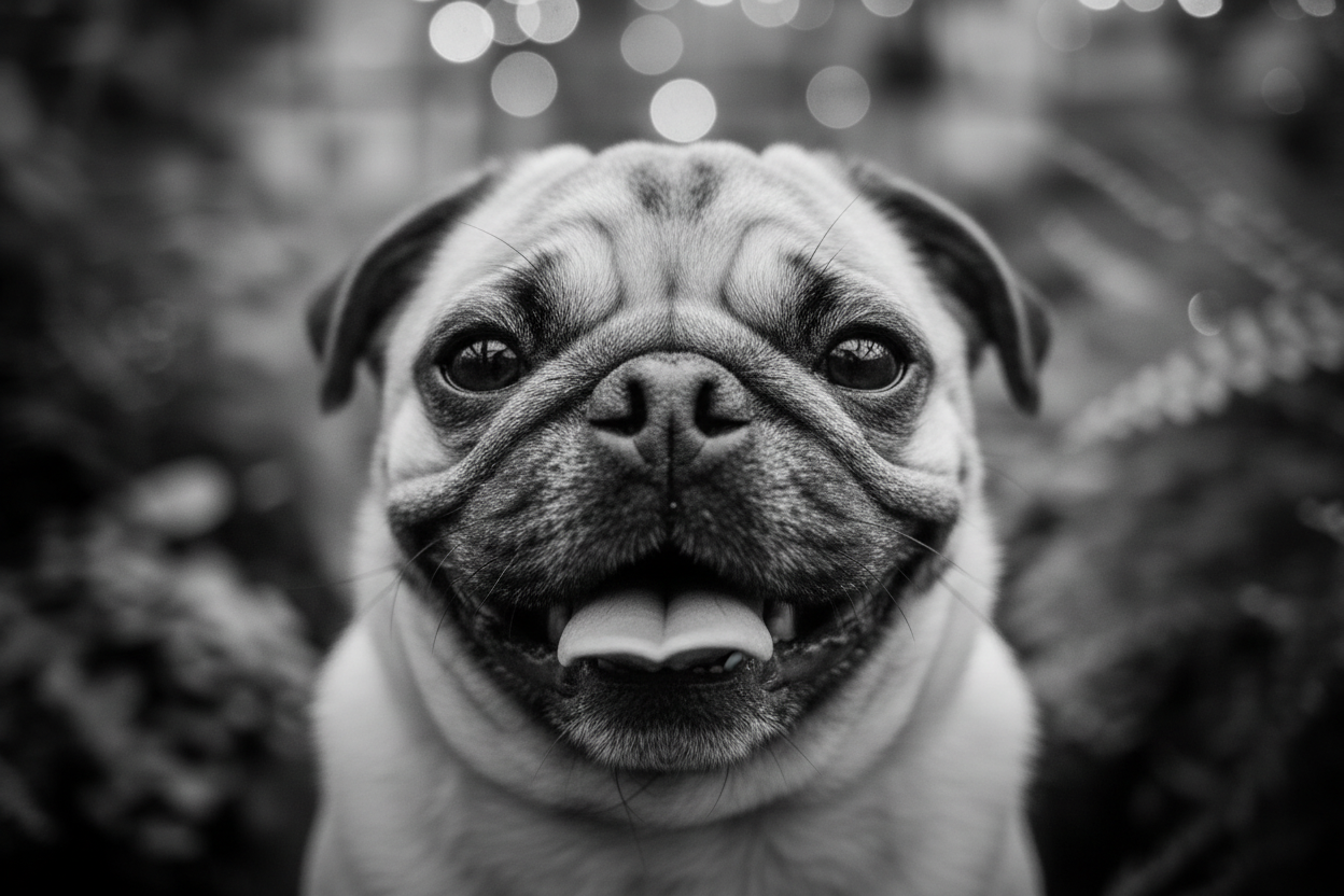 Black and white photo of a pug dog with a blurred background
