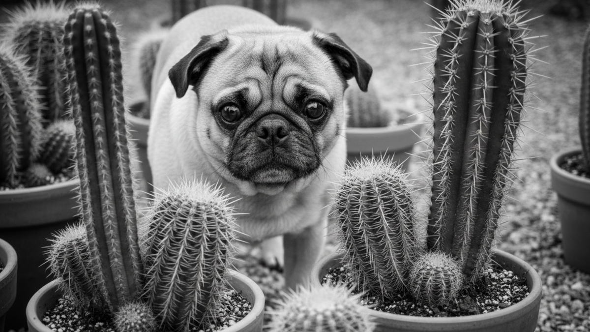 Pug dog surrounded by cacti plants in a garden setting