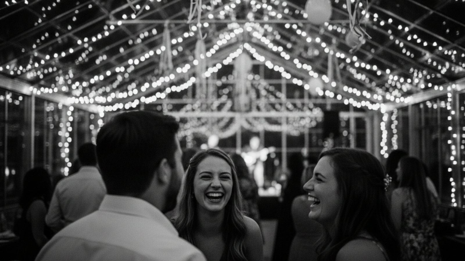 People socializing under string lights in a festive indoor setting
