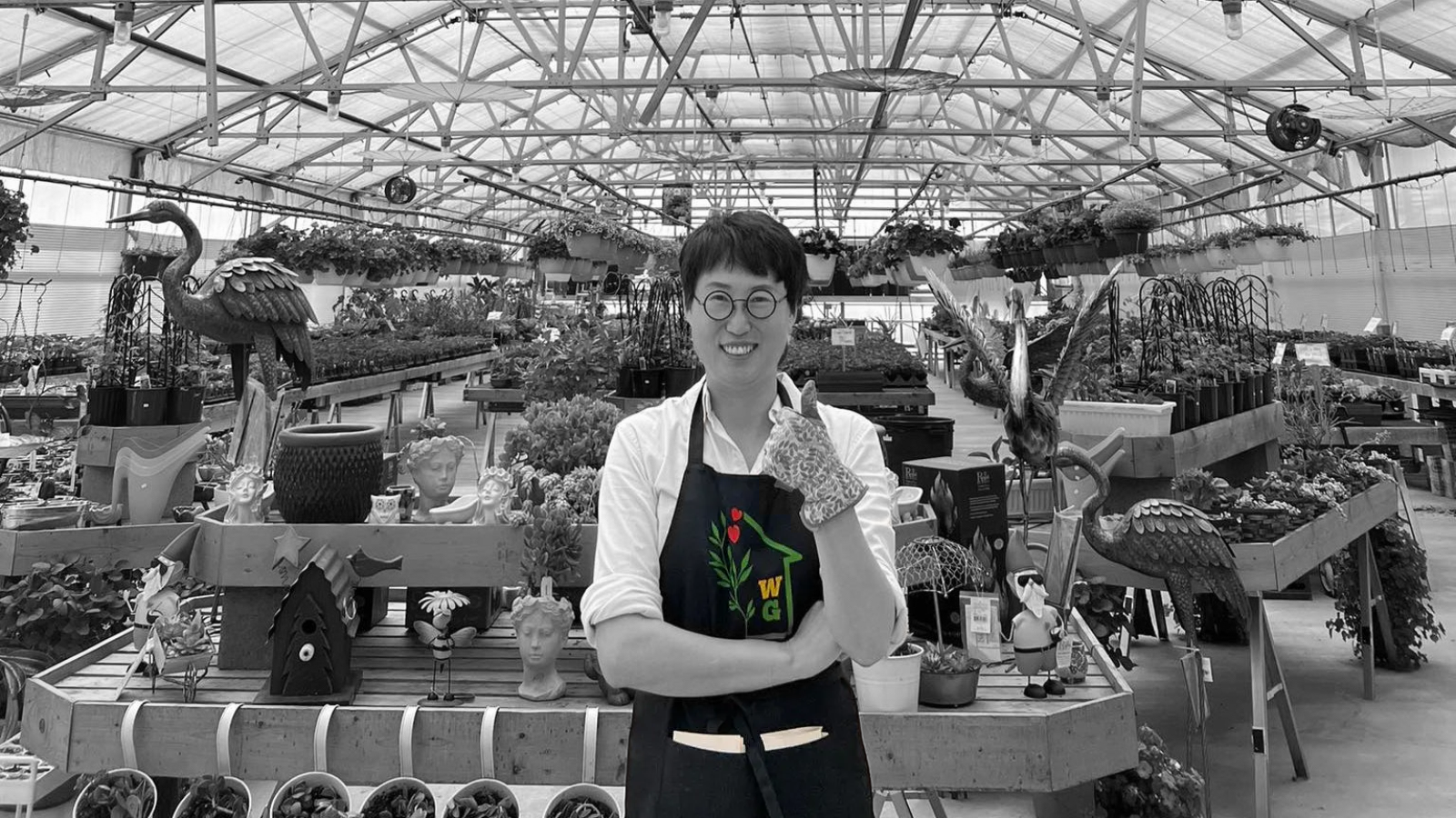 Wei  in her greenhouse holding a plant, wearing an apron with a floral design.